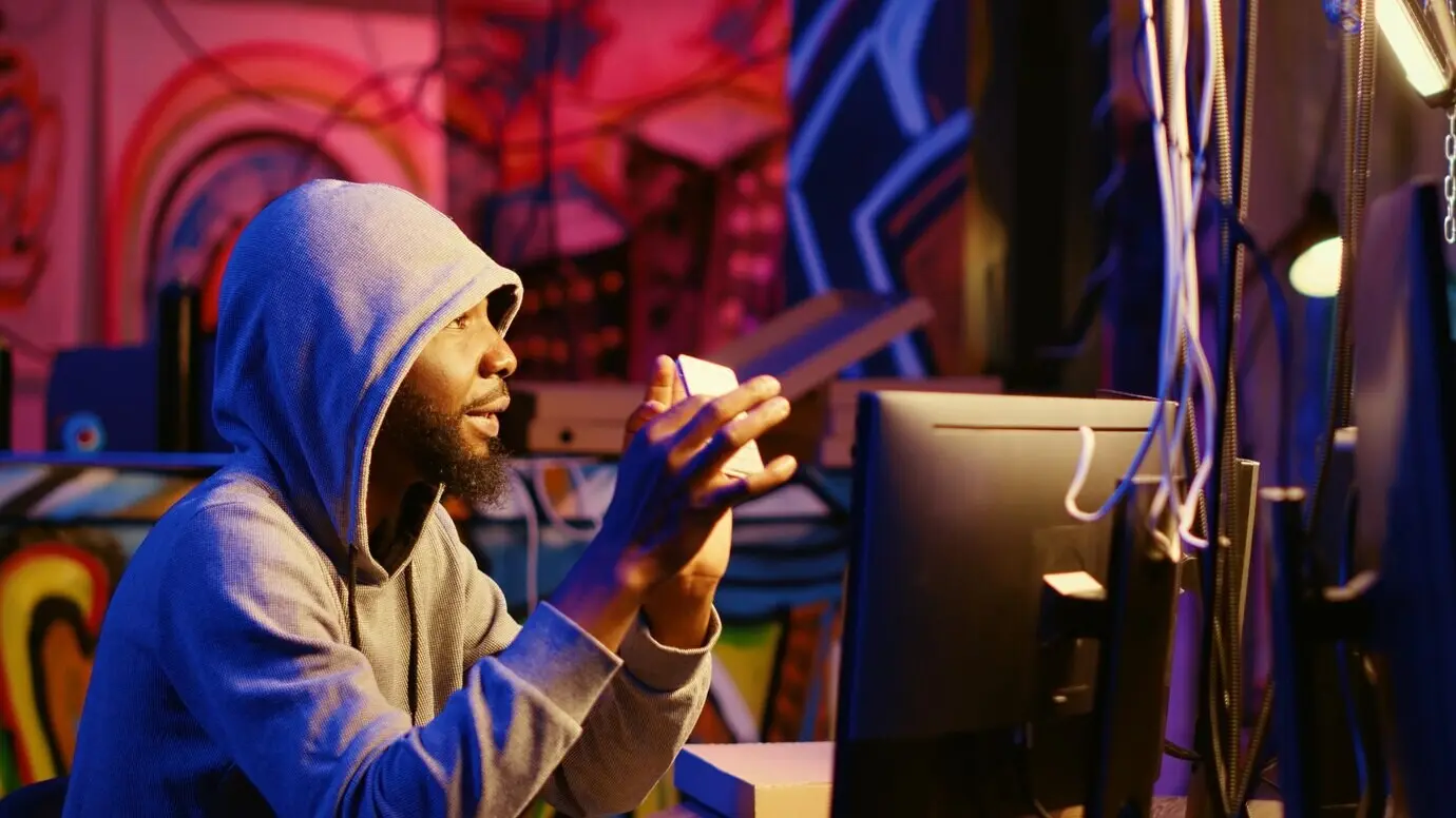 Hacker holding an SSD containing stolen credentials.