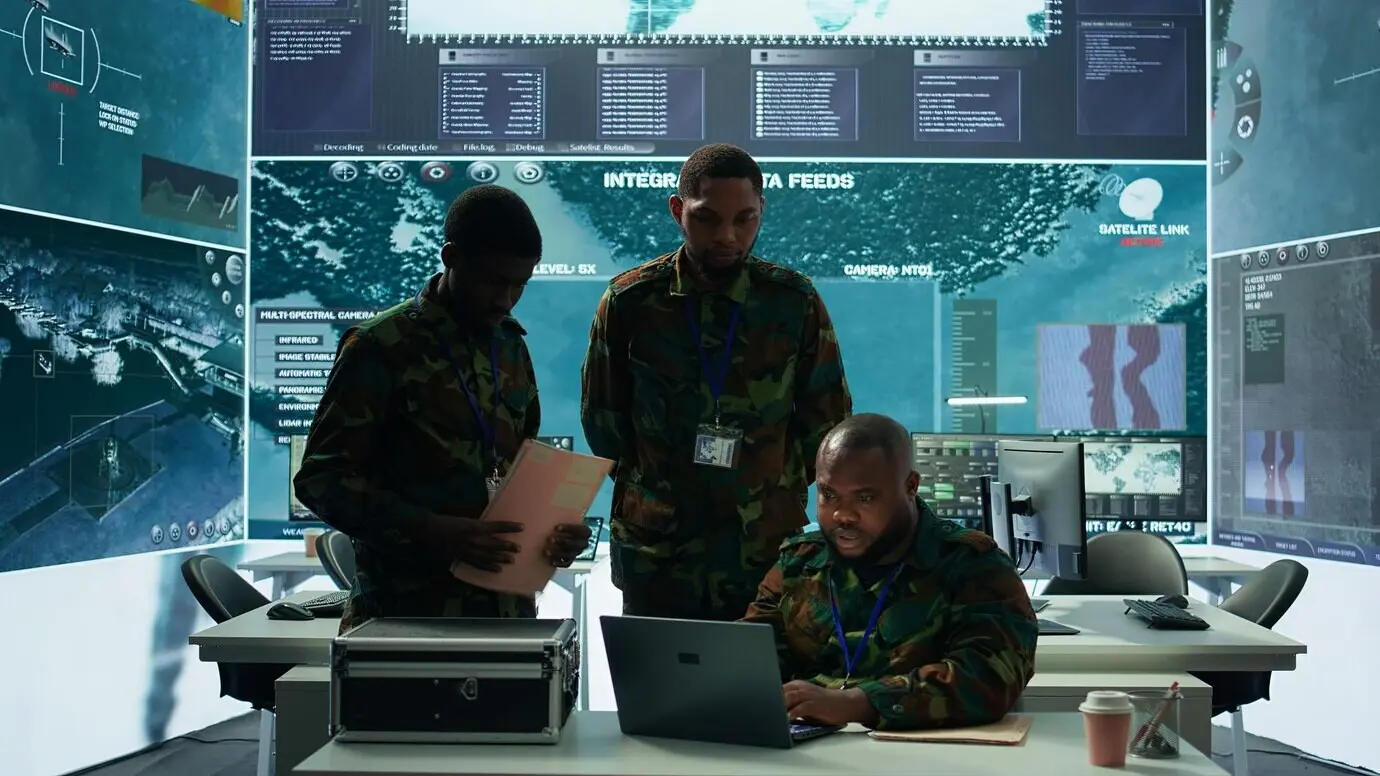 Military staff in a modern command center manage vital information.